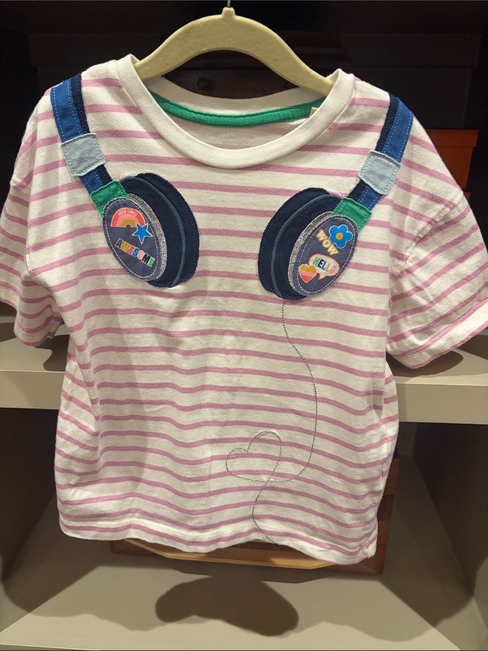 Mini Boden Pink & White Striped Tee with Headphone Appliqué